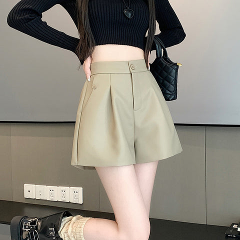 High Waist Casual Pants Loose Wide-leg Leather Pants