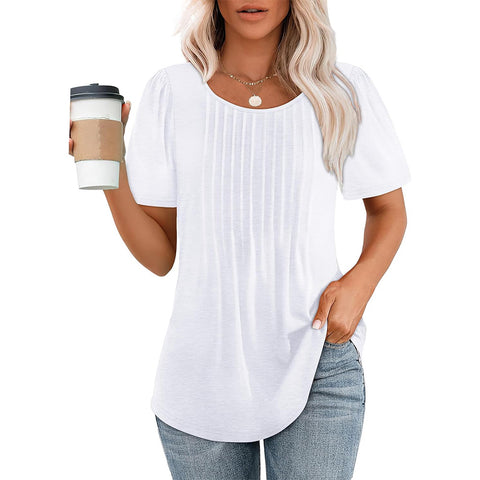 Pleated Round Neck Short-sleeved Women's Top