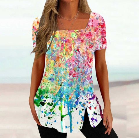 Print Short Sleeve Split Button Top