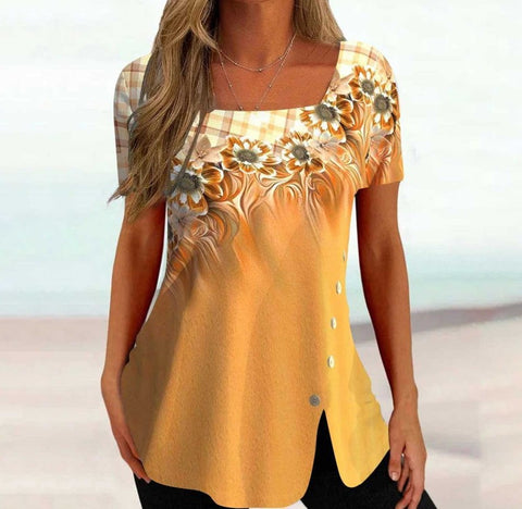 Print Short Sleeve Split Button Top