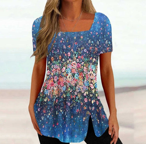 Print Short Sleeve Split Button Top