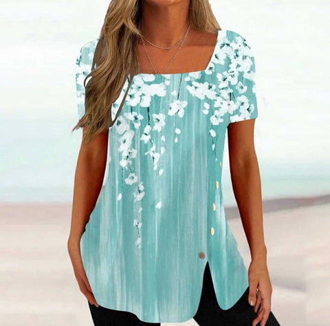 Print Short Sleeve Split Button Top