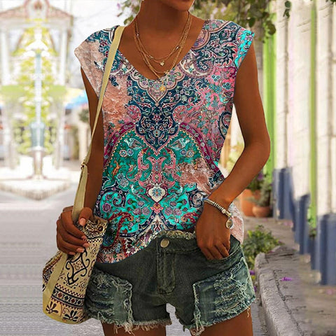 Women's V-neck Vest Vintage Architectural Print T-shirt