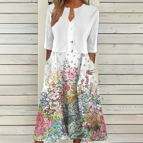 Elegant Floral Print Dress with Cardigan Two-piece Set