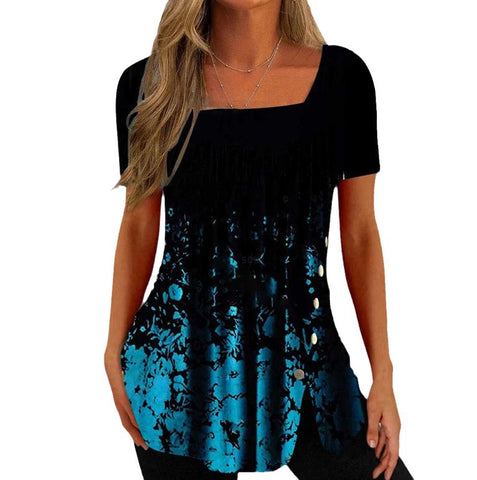 Print Short Sleeve Split Button Top