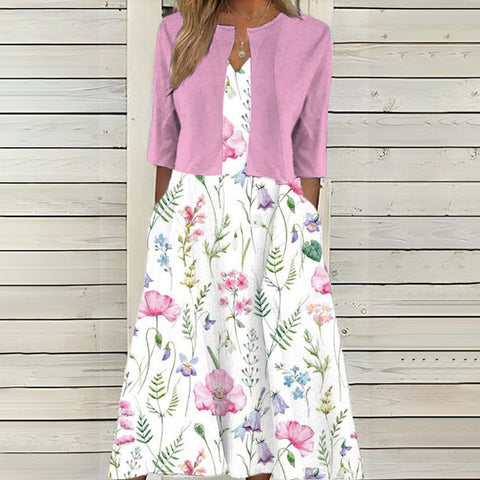 Elegant Floral Print Dress with Cardigan Two-piece Set