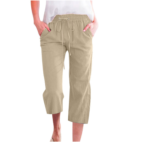 Solid Color Drawstring Cotton And Linen Casual Loose Straight Pocket Pants