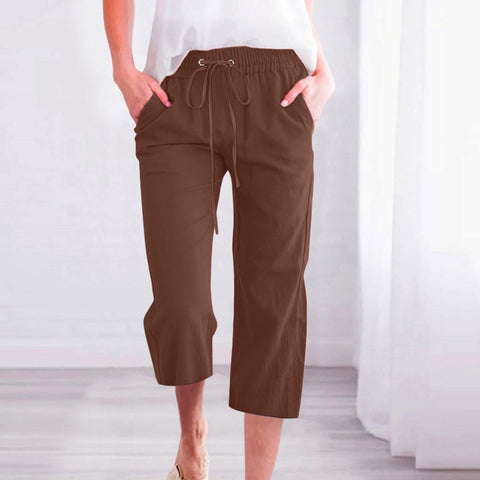 Solid Color Drawstring Cotton And Linen Casual Loose Straight Pocket Pants