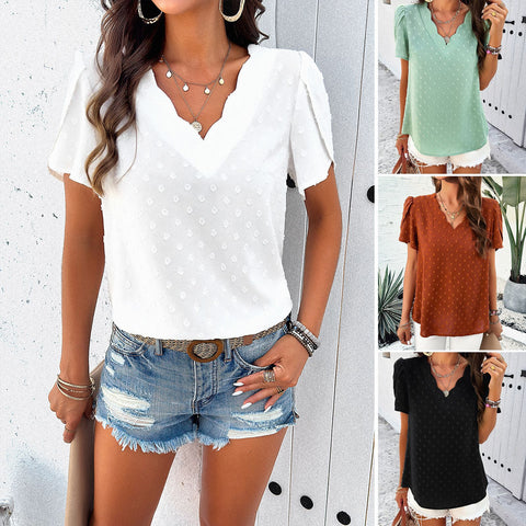 Pure Color V-neck Ruffle Top