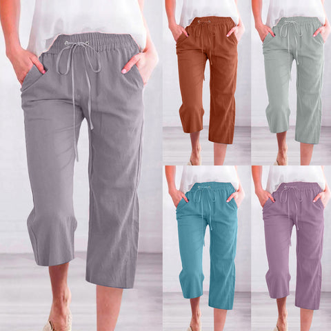 Solid Color Drawstring Cotton And Linen Casual Loose Straight Pocket Pants