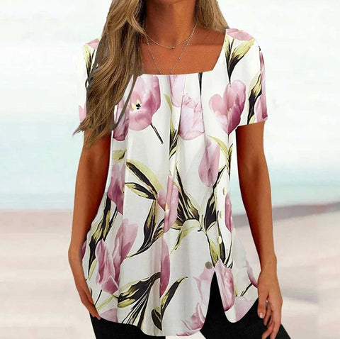 Print Short Sleeve Split Button Top