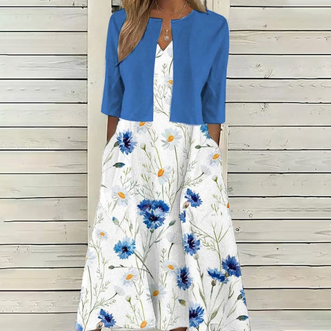 Elegant Floral Print Dress with Cardigan Two-piece Set