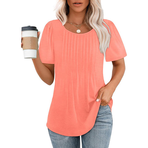 Pleated Round Neck Short-sleeved Women's Top