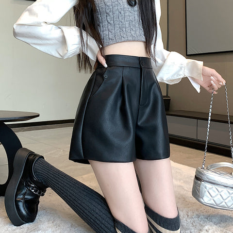 High Waist Casual Pants Loose Wide-leg Leather Pants