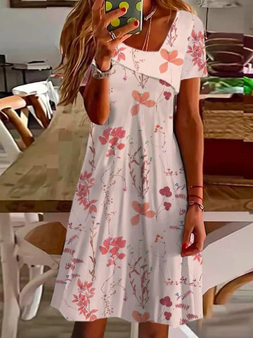 Diagonal Collar Floral Short Sleeve Slim Fit Dress