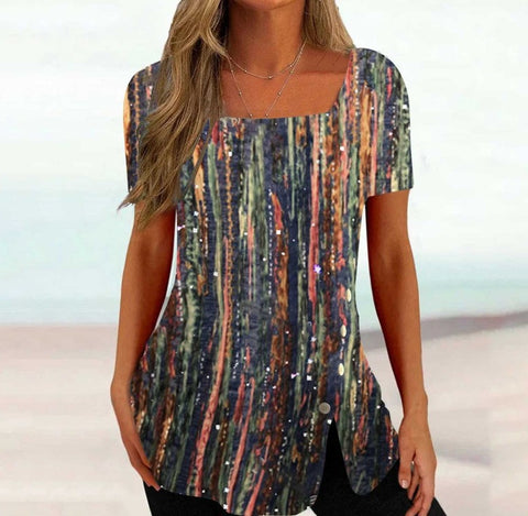 Print Short Sleeve Split Button Top