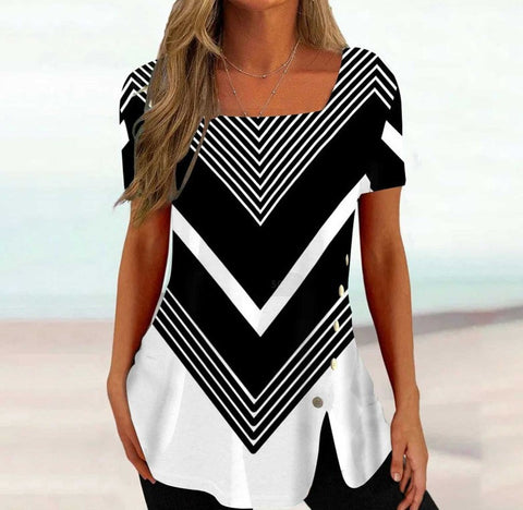 Print Short Sleeve Split Button Top