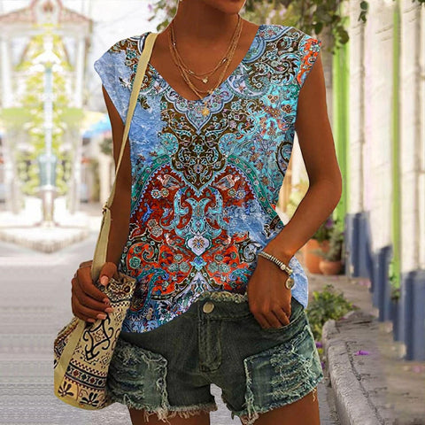 Women's V-neck Vest Vintage Architectural Print T-shirt