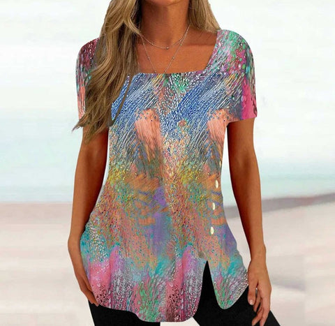 Print Short Sleeve Split Button Top