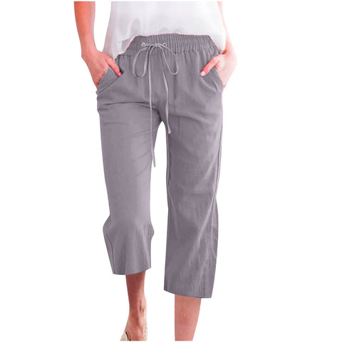 Solid Color Drawstring Cotton And Linen Casual Loose Straight Pocket Pants