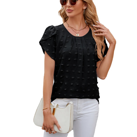 Jacquard Round Neck Petal Sleeve Pom Pom Chiffon Top