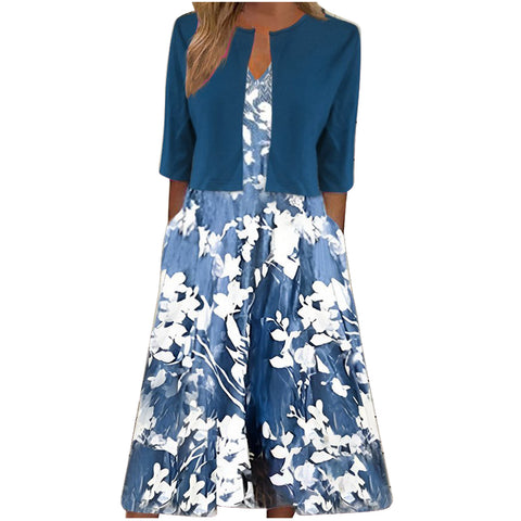 Elegant Floral Print Dress with Cardigan Two-piece Set