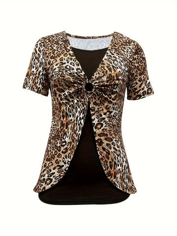 Cross-border Short Sleeve Leopard Print Two-piece Top