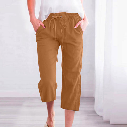 Solid Color Drawstring Cotton And Linen Casual Loose Straight Pocket Pants