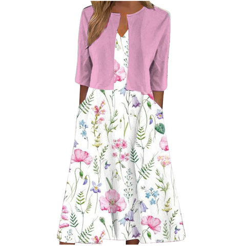 Elegant Floral Print Dress with Cardigan Two-piece Set