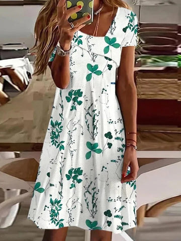 Diagonal Collar Floral Short Sleeve Slim Fit Dress