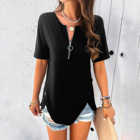 Zip Front Solid Color Short-sleeved Top