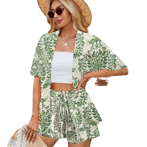 Women's Floral Print Short Sleeve Shirt and Short Set