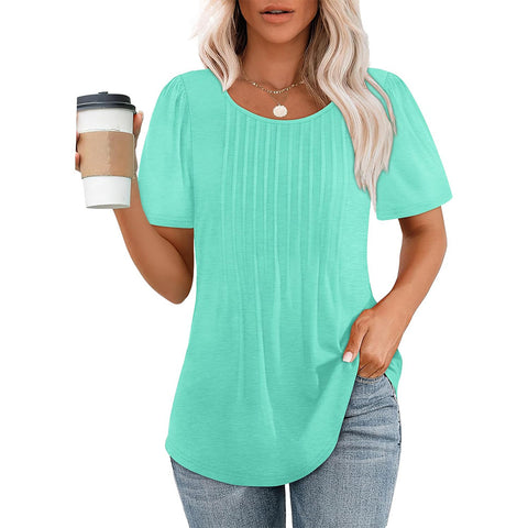 Pleated Round Neck Short-sleeved Women's Top