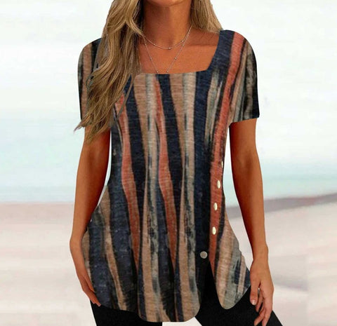 Print Short Sleeve Split Button Top