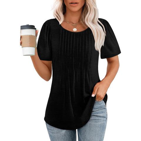 Pleated Round Neck Short-sleeved Women's Top