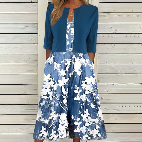 Elegant Floral Print Dress with Cardigan Two-piece Set