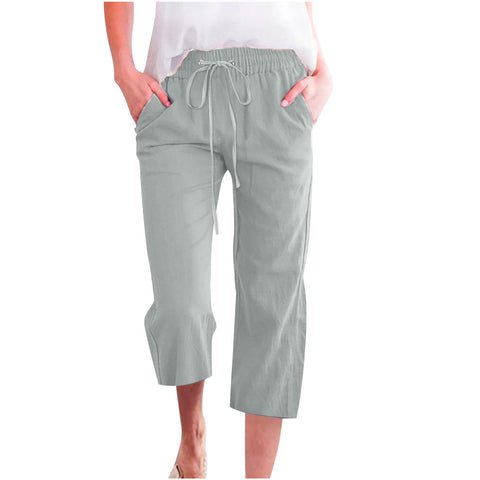 Solid Color Drawstring Cotton And Linen Casual Loose Straight Pocket Pants