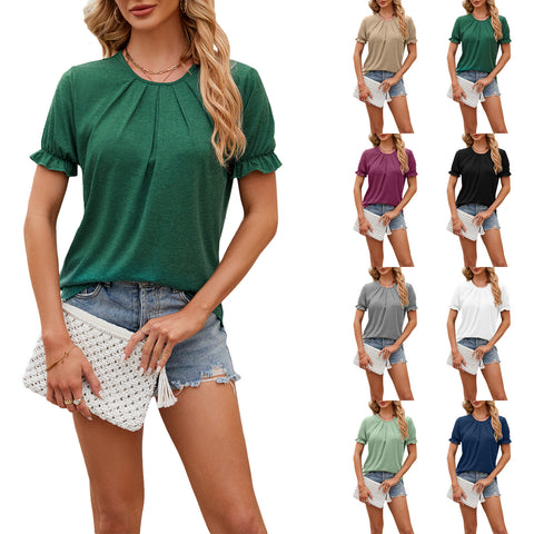 Solid Color Round Neck Loose Short Sleeve Top Ladies