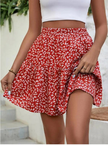 A- Line High Waist Floral Frill Hem Skirt