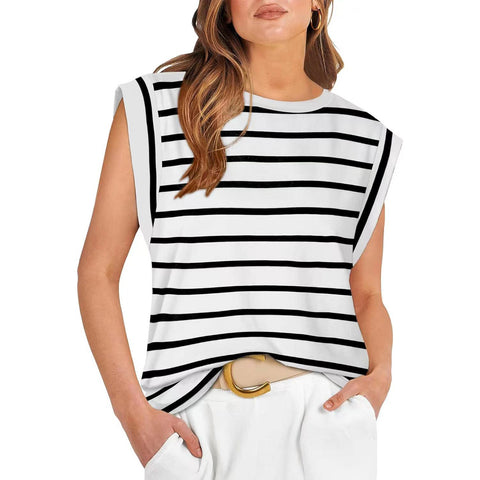 Round Neck Loose Short Sleeves T-shirt Striped Top Women's Vest