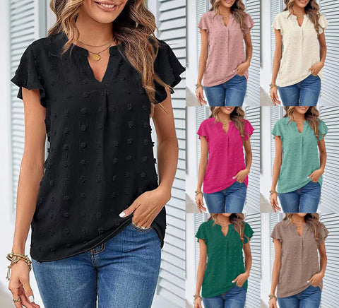 Women V Neck Ruffle Short Sleeve Blouse