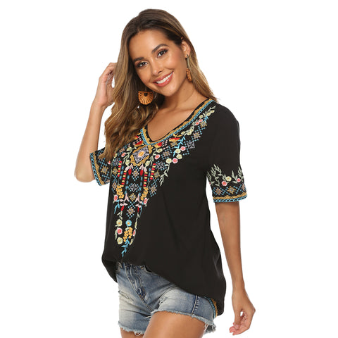 Embroidered V-neck Top