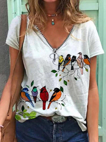 Bird Print Zipper V-neck Short Sleeves