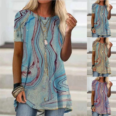 Graffiti Print Short-Sleeved Round Neck Tunic Top