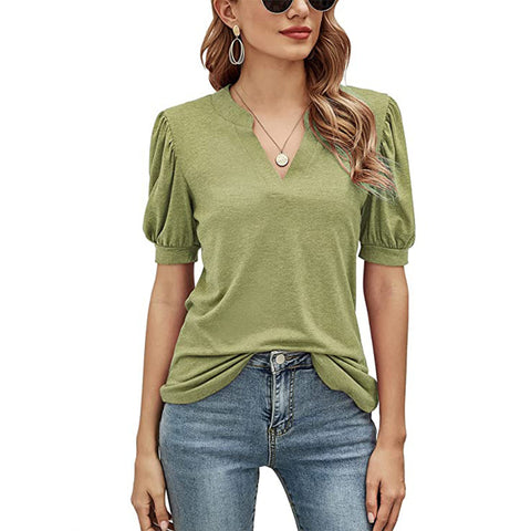 Women's New Casual V-neck Puff Sleeve Loose Women's Top