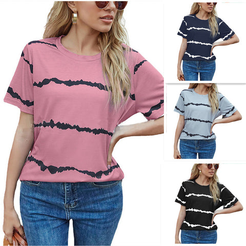 Casual Fashion Striped Print Short Sleeve T-Shirt Ladies Top