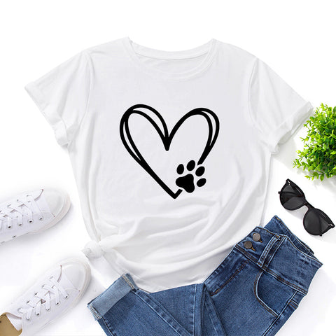 Women's Loose Round Neck Short Sleeve T-shirt With Heart-shaped Paw Print