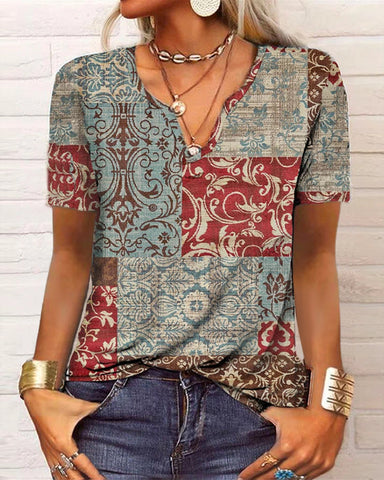 Women's Loose Floral V-neck Short-sleeved Top