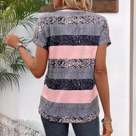 Short Sleeve Striped V-neck Casual Top