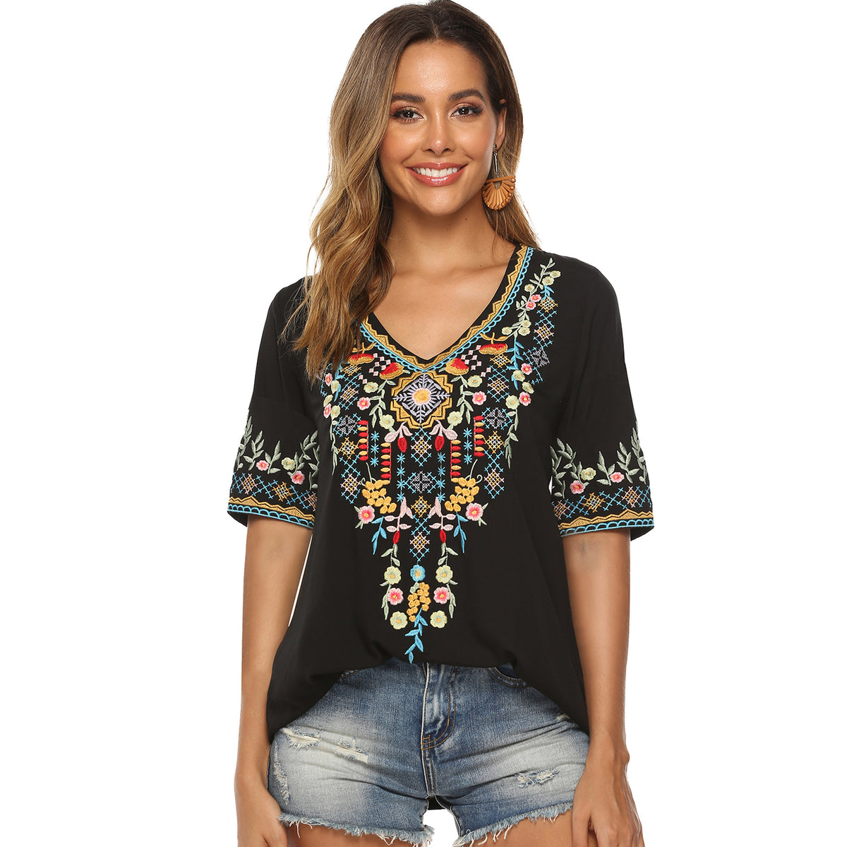 Embroidered V-neck Top